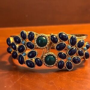 Gold Tone Clamp Bracelet with Navy & Teal‎ Stones Statement Jewelry